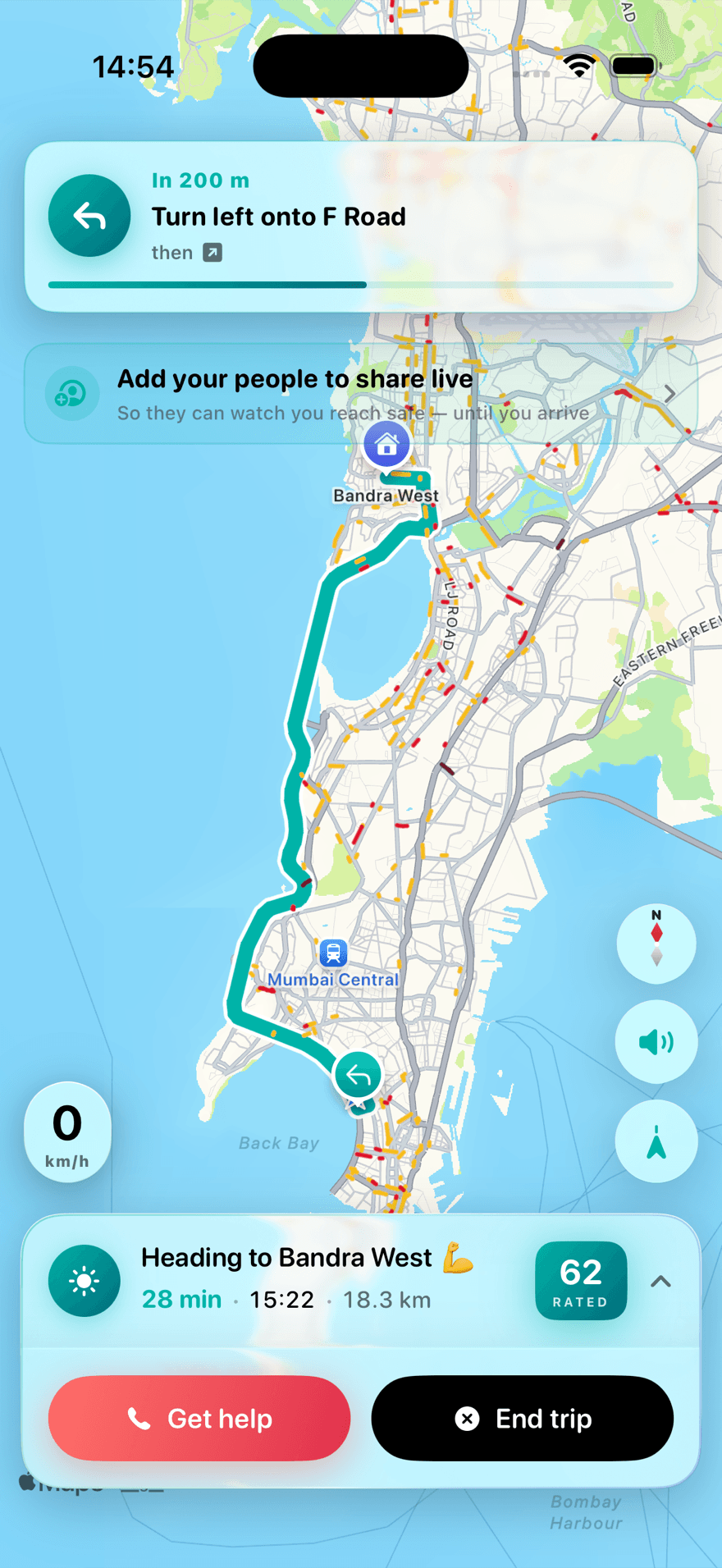 HomeSafe app route screen showing a safer route home