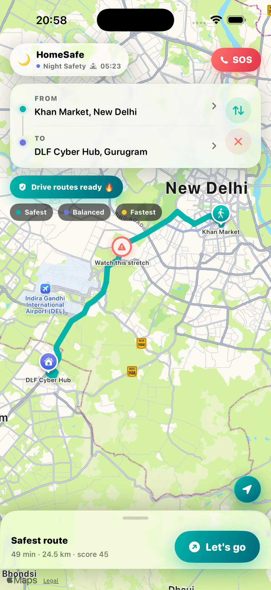 HomeSafe app route screen showing a safer route home